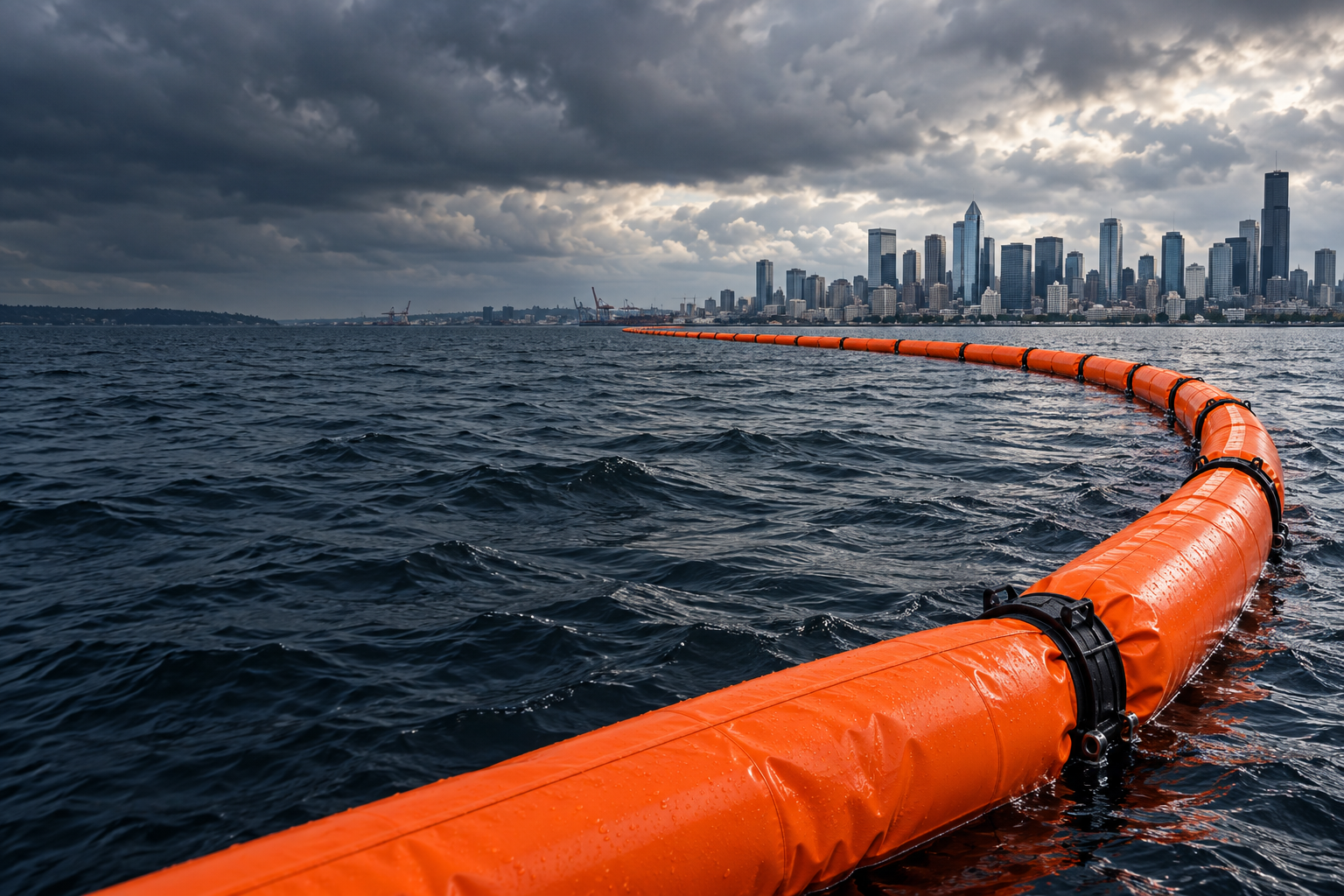 Illustrative orange containment boom floating on water