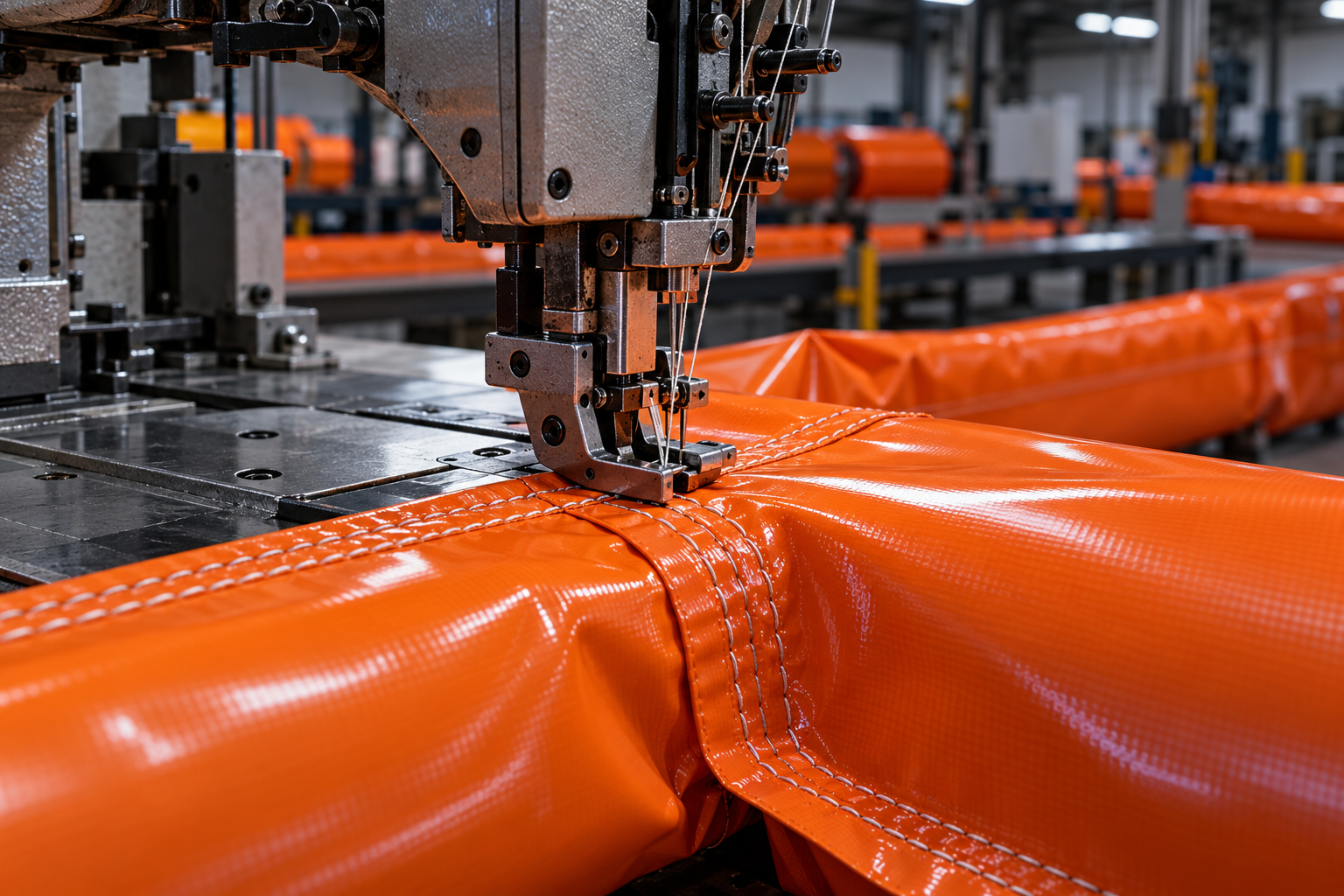 Illustrative sewing equipment stitching orange containment fabric