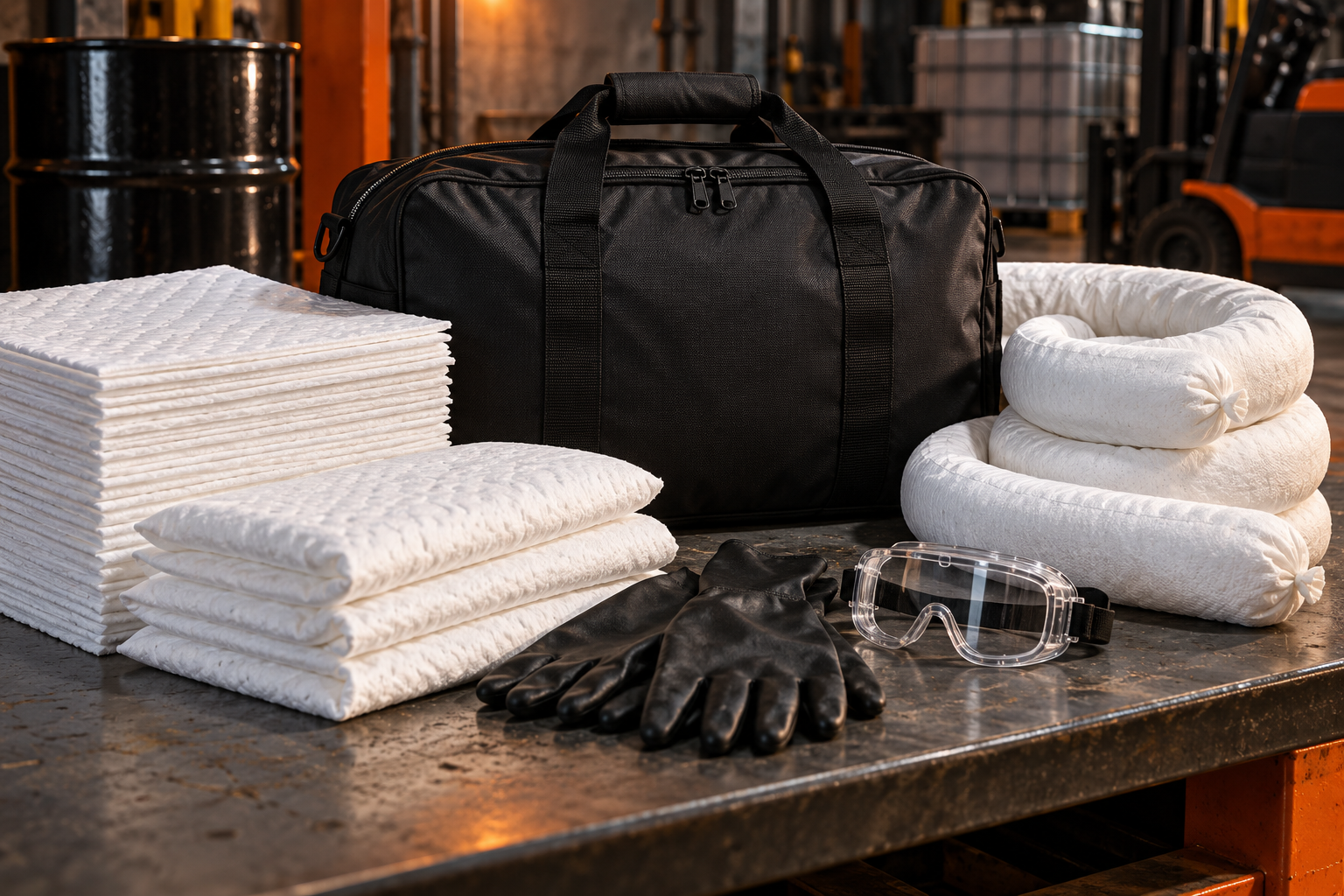 Illustrative spill kit with white absorbents and protective equipment